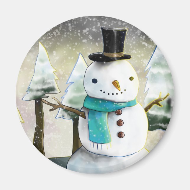 Whimsique Snögubbe i vinterjulscenen Magnet (Framsidan)