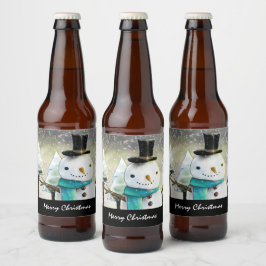 Whimsique Snögubbe i vinterjulscenen Ölflaska Etikett