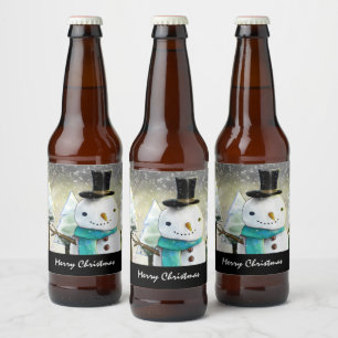 Whimsique Snögubbe i vinterjulscenen Ölflaska Etikett
