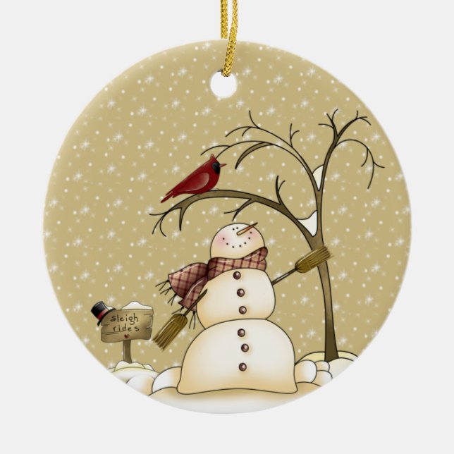 Whimsique Snögubbe och Red Bird-jul Julgransprydnad Keramik (Framsidan)