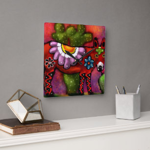 Whimsique Southwest Blommigt Talavera-Stil Donkey Fyrkantig Klocka
