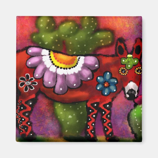Whimsique Southwest Blommigt Talavera-Stil Donkey Magnet (Framsidan)