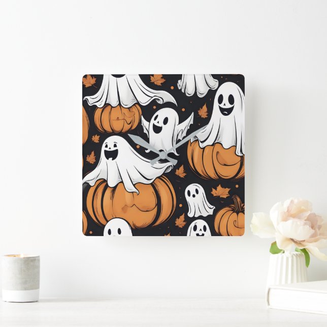 Whimsique spöken spelar bland Halloween-pumpor Fyrkantig Klocka (Hem)