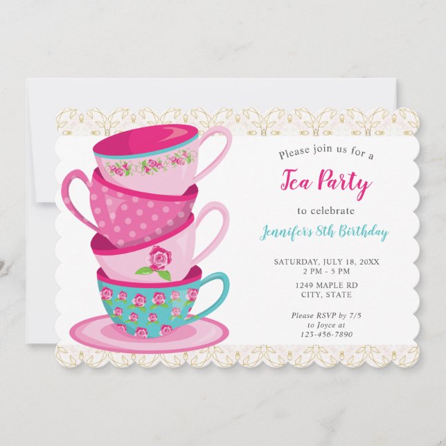 Whimsique Tea Party Birthday Tekopp Cute Rosa Inbjudningar (Framsida)