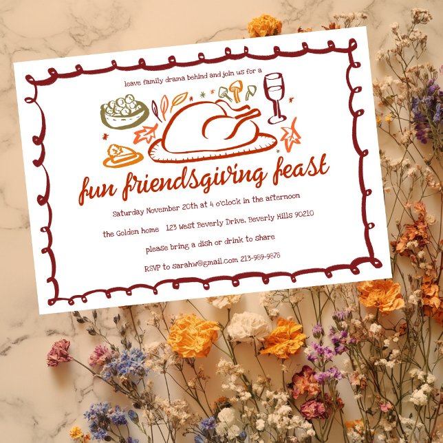 Whimsique Thanksgiving Friendsgiving Anpassningsba Inbjudningar (Whimsical Thanksgiving Friendsgiving Dinner Custom Invitation
)