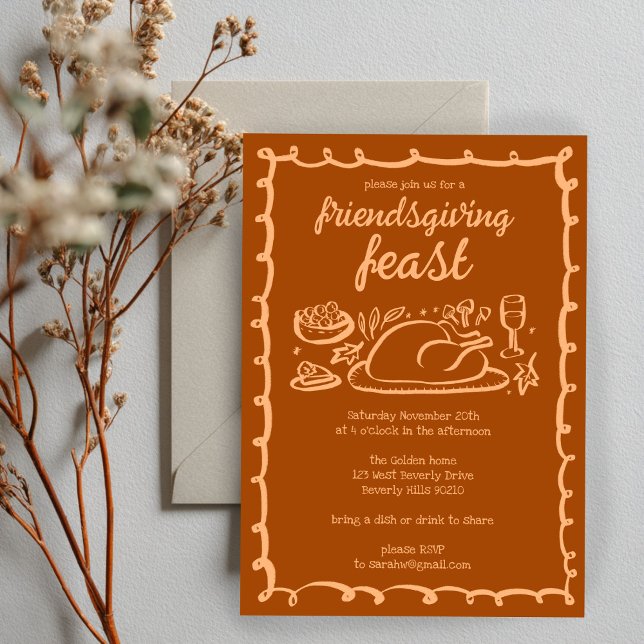 Whimsique Thanksgiving Friendsgiving Anpassningsba Inbjudningar (Whimsical Thanksgiving Friendsgiving Dinner Custom Party Invitation
)