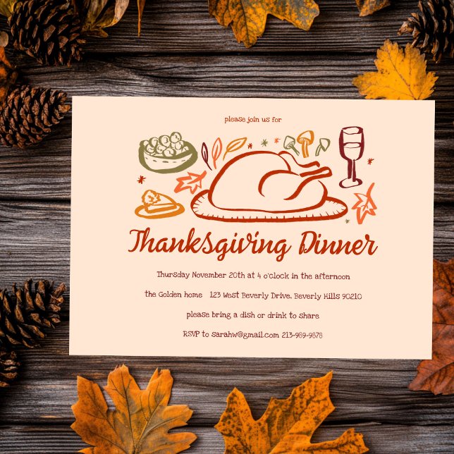 Whimsique Thanksgiving Friendsgiving Anpassningsba Inbjudningar (Whimsical Thanksgiving Friendsgiving Dinner Custom Invitation
)