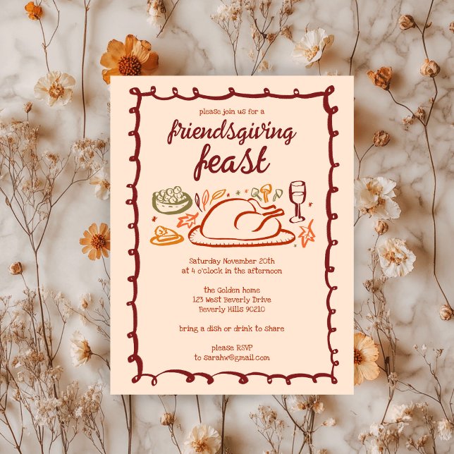 Whimsique Thanksgiving Friendsgiving Anpassningsba Inbjudningar (Whimsical Thanksgiving Friendsgiving Dinner Custom Invitation
)