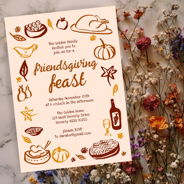 Whimsique Thanksgiving Friendsgiving Anpassningsba Inbjudningar (Whimsical Thanksgiving Friendsgiving Dinner Custom Invitation
)