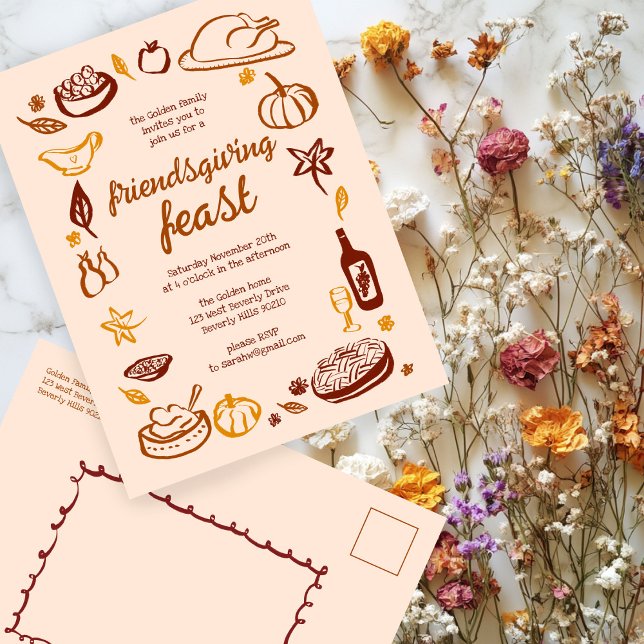 Whimsique Thanksgiving Friendsgiving Anpassningsba Vykort (Whimsical Thanksgiving Friendsgiving Dinner Custom Party Invitation Postcard
)