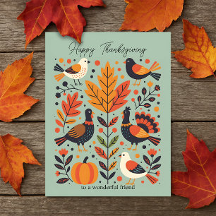 Whimsique Turkey & Folk Art Löv Thanksgiving Helg Vykort