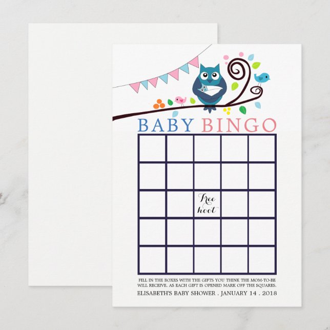 Whimsique Uggla Baby Shower Bingo Inbjudningar (Fram/baksida)