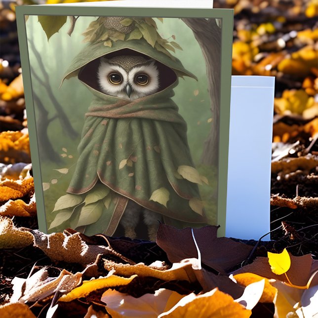 Whimsique Uggla guide Long Ben Cute Strange Animal Helgkort (Enchanted forest whimsy wizard owl cute charming all occasion greeting card misty green woodland art)