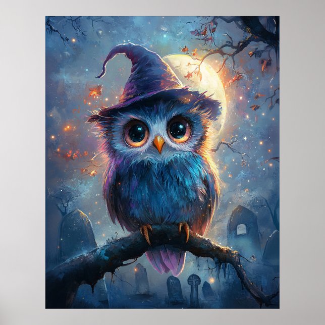 Whimsique Uggla i Witch Hat med Full Moon Poster (Framsidan)