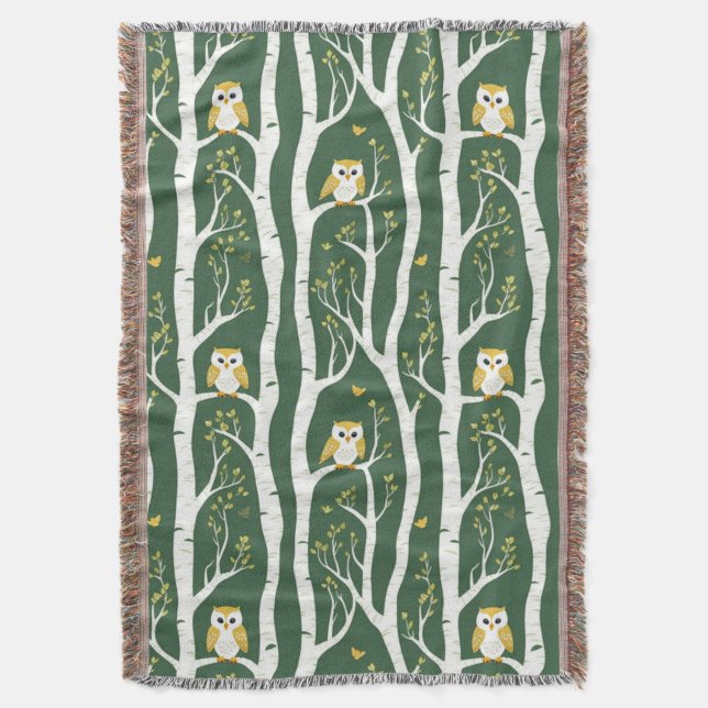 Whimsique Uggla och Birch Träd Mönster Filt (Framsidan Vertikal)