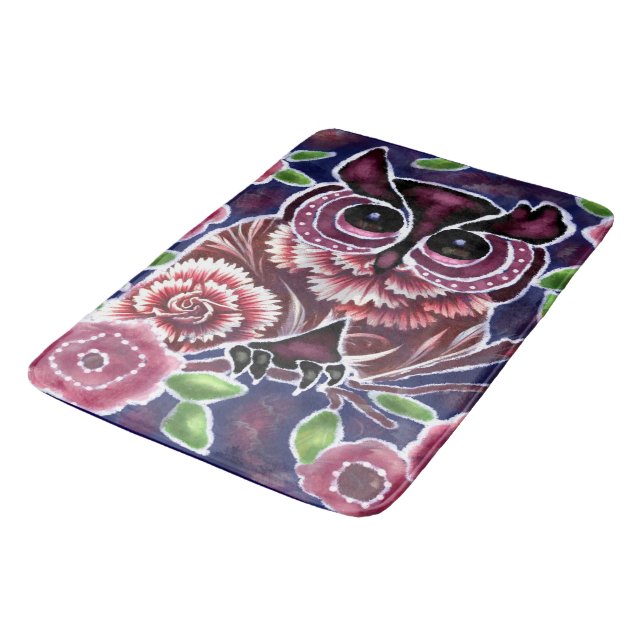 Whimsique Uggla på Blommar Gren Rosa Blue Badrumsmatta (Vinklad)