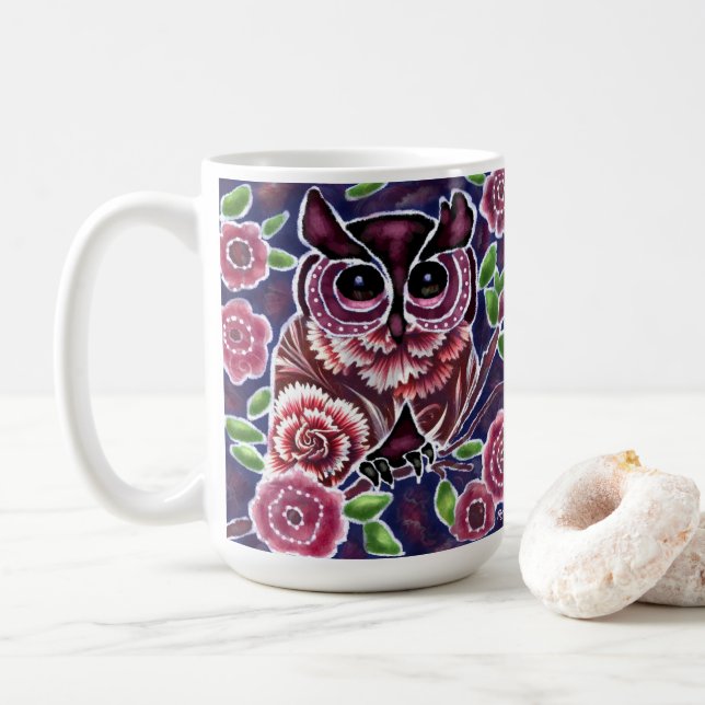 Whimsique Uggla på Blommar Gren Rosa Blue Kaffemugg (Med munk)
