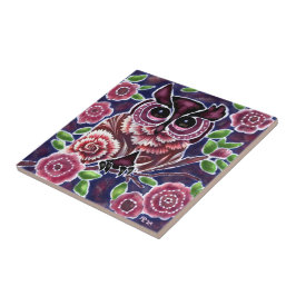 Whimsique Uggla på Blommar Gren Rosa Blue Kakelplatta