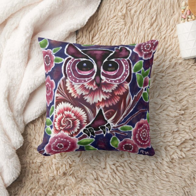 Whimsique Uggla på Blommar Gren Rosa Blue Kudde (Filt)