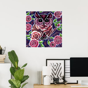 Whimsique Uggla på Blommar Gren Rosa Blue Poster