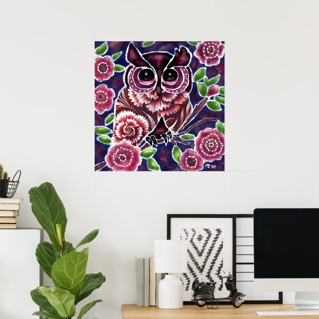 Whimsique Uggla på Blommar Gren Rosa Blue Poster (Hemmakontoret)