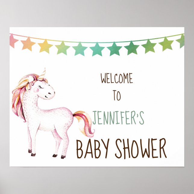 Whimsique Unicorn Anpassade Baby Shower-skylt Poster (Framsidan)