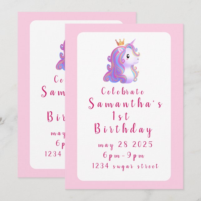 Whimsique Unicorn Birthday Inbjudningar (Fram/baksida)