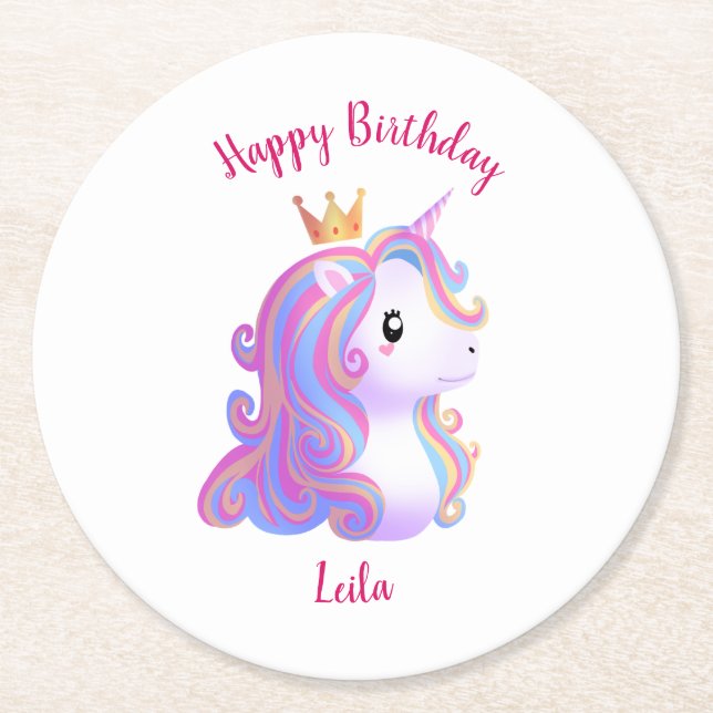 Whimsique Unicorn Birthday Underlägg Papper Rund (Framsidan)