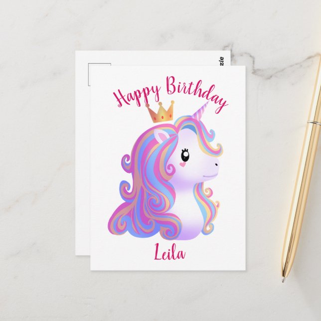 Whimsique Unicorn Birthday Vykort (Fram/Back In Situ)