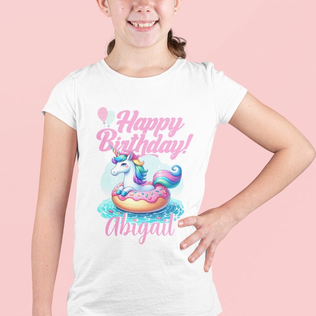 Whimsique Unicorn Donut Cute Rainbow Bassäng Party T Shirt ( Girl wearing a "Happy Birthday" unicorn t-shirt.)
