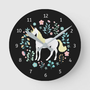 Whimsique Unicorn & Flowers Black Rund Klocka
