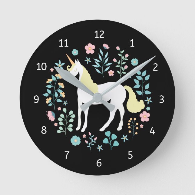 Whimsique Unicorn & Flowers Black Rund Klocka (Framsida)