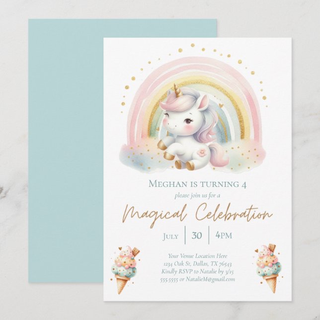Whimsique Unicorn, Ice Cream & Rainbow Birthday Inbjudningar (Fram/baksida)