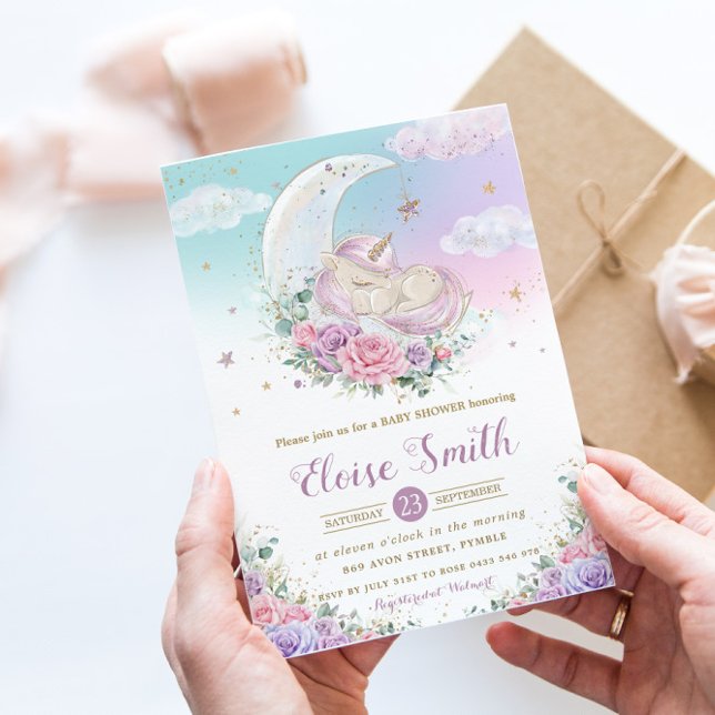 Whimsique Unicorn Måne Lila Blommigt Baby Shower Inbjudningar (Skapare uppladdad)