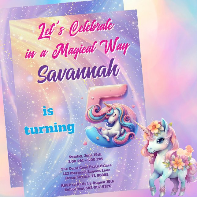 Whimsique Unicorn Pastel Rainbow 5:e födelsedagen Inbjudningar (Magical Unicorn Birthday Party Invitation)