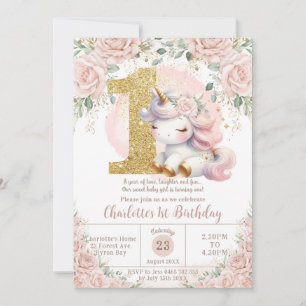 Whimsique Unicorn Rosa Blommigt 1:a födelsedag Inbjudningar