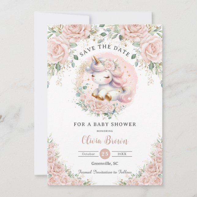 Whimsique Unicorn  Rosa Blommigt Baby Shower Spara Datumet (Framsida)