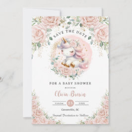 Whimsique Unicorn  Rosa Blommigt Baby Shower Spara Datumet