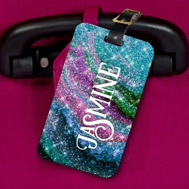 Whimsique vågigt blue lila Glitter monogram Bagagebricka (Skapare uppladdad)