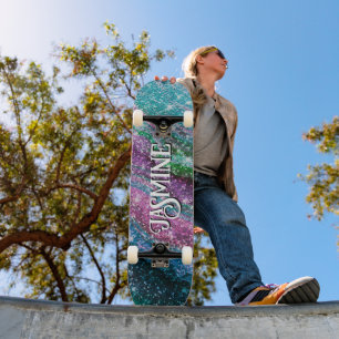 Whimsique vågigt blue lila Glitter monogram Mini Skateboard Bräda 18,5 Cm