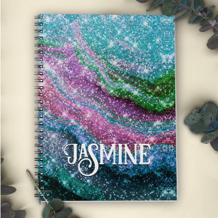 Whimsique vågigt blue lila Glitter monogram Notebo Anteckningsbok