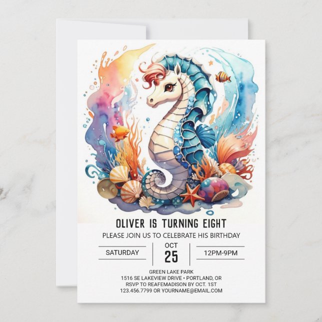 Whimsique Vatten Seahorse Birthday Inbjudningar (Framsida)
