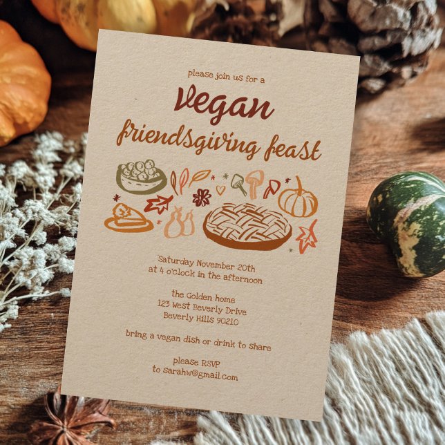 Whimsique VEGAN Thanksgiving Friendsgiving Kraft Inbjudningar (Whimsical VEGAN VEGETARIAN Thanksgiving Friendsgiving Kraft Invitation 
)