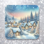 Whimsique Village-jul Fyrkantigt Klistermärke<br><div class="desc">Julklistermärken eller kuvertförseglingar. Ett exempel på detta är en vattenfärgsbyn stil i en förtrollad liten by på vintern.</div>