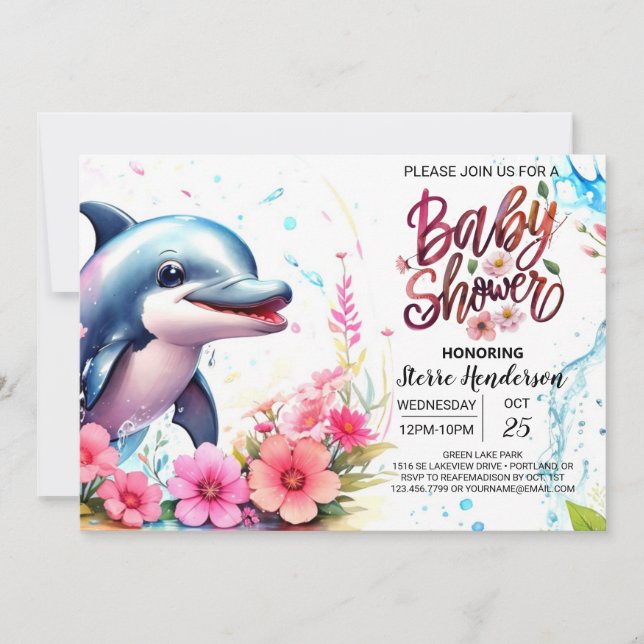 Whimsique Vinkar Dolphin Girl Baby Shower Inbjudningar (Framsida)