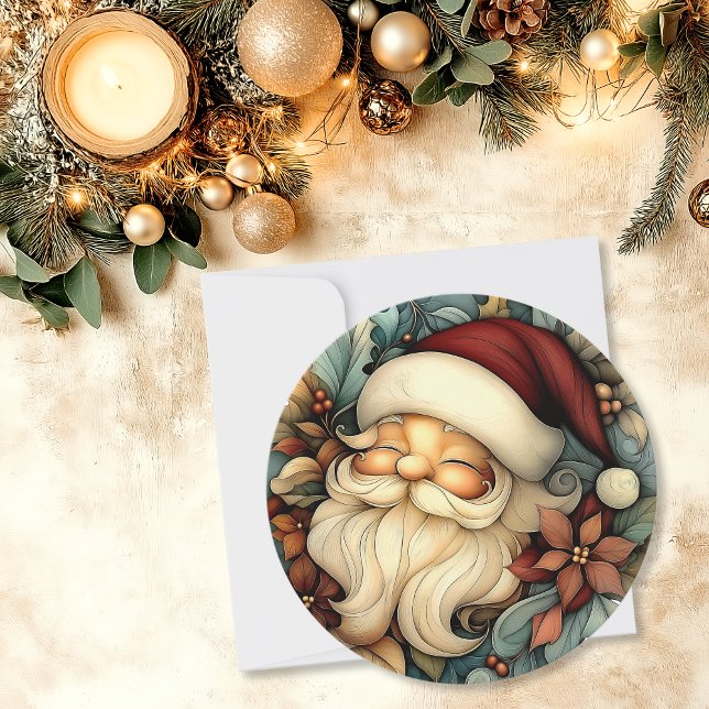 Whimsique Vintage Santa Anpassade Round Julkort (Whimsical Vintage Santa Customizable Round Holiday Card)