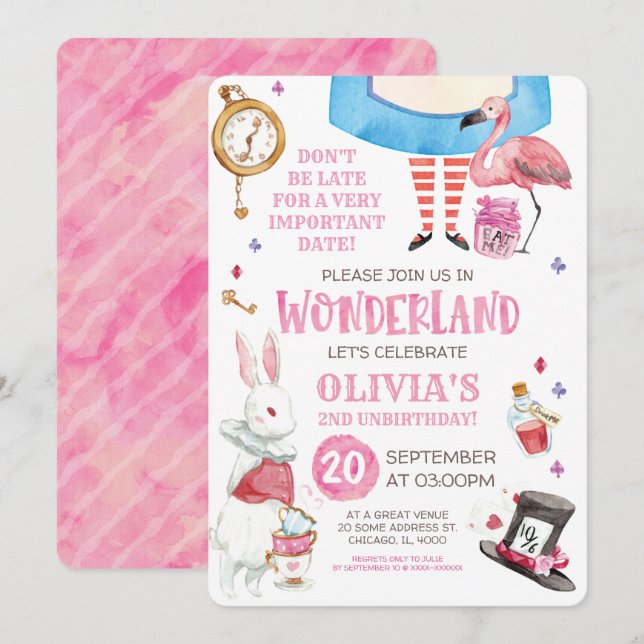 Whimsique Watercolor Alice i Wonderland Birthday Inbjudningar (Fram/baksida)