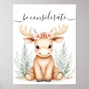 Whimsique Watercolor Baby Moose Woodland Nursery Poster