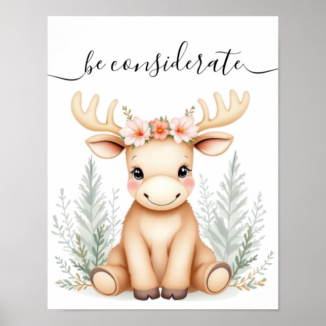 Whimsique Watercolor Baby Moose Woodland Nursery Poster (Framsidan)