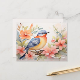 Whimsique Watercolor Bird Blommigt Art Vykort